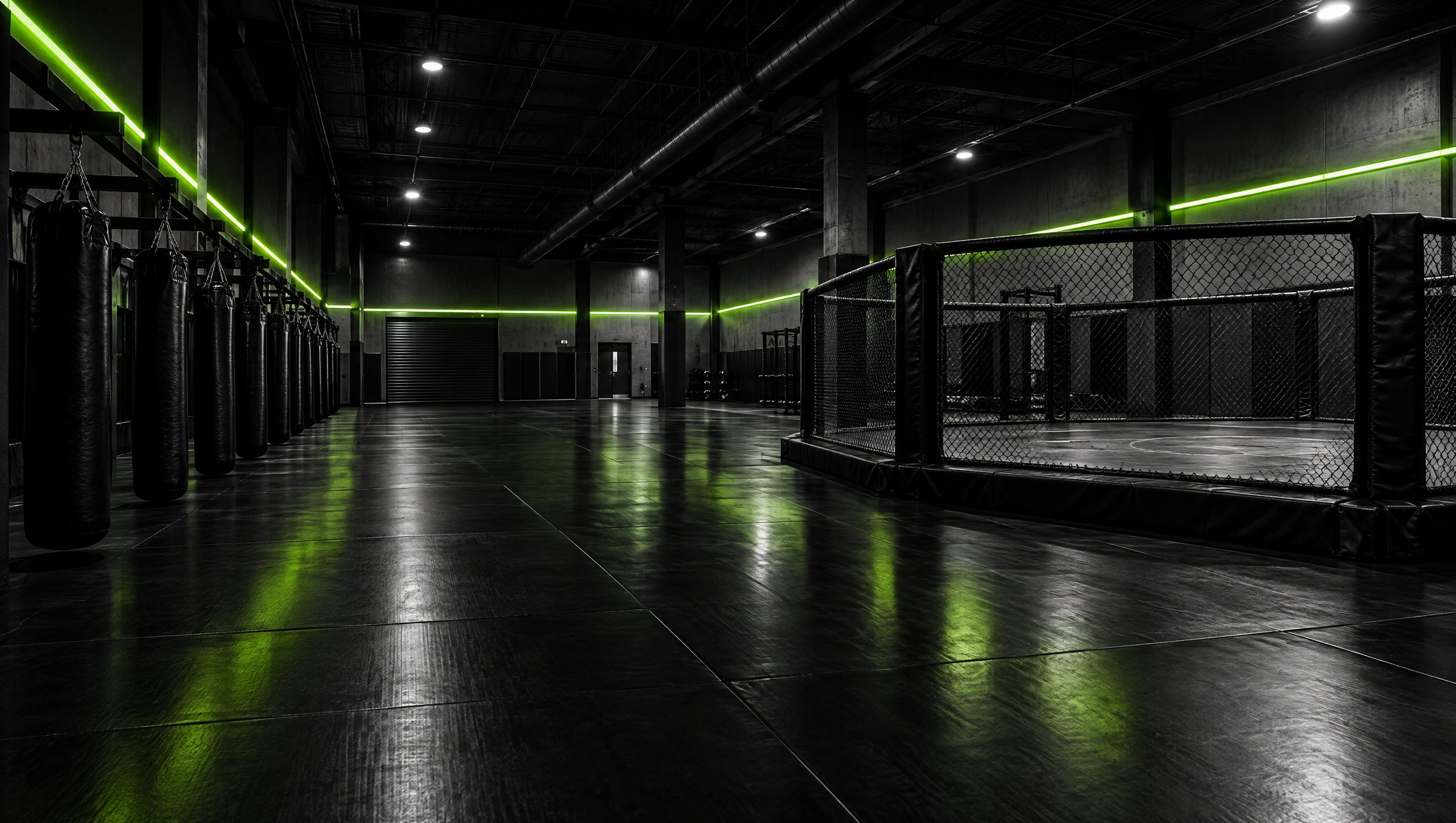 Empty CFC training floor with the competition cage, dark mats and volt green LED strips