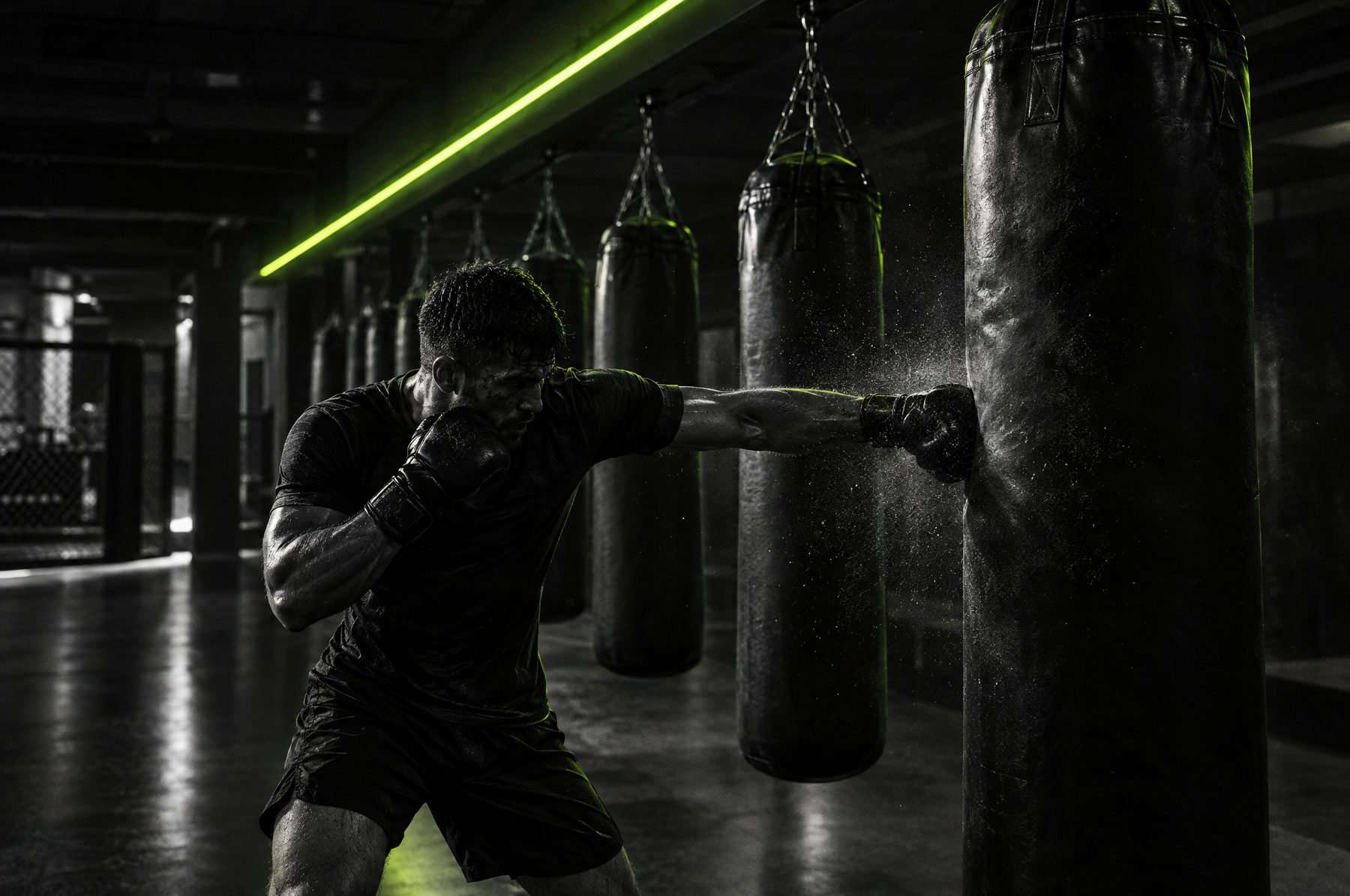 A fighter working the heavy bag row