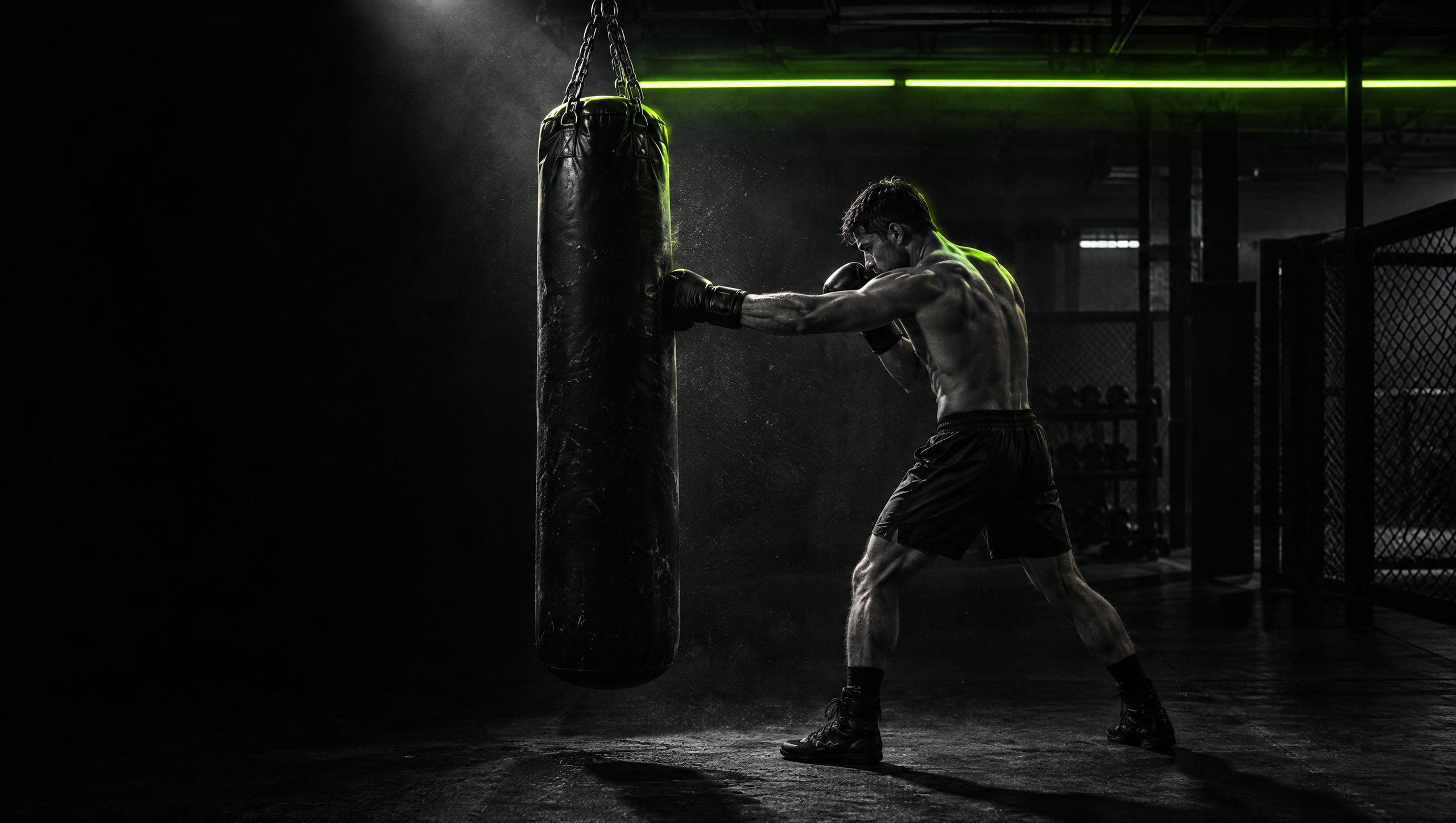 Fighter driving a punch into a heavy bag inside the dark CFC training room, rimmed in volt green light